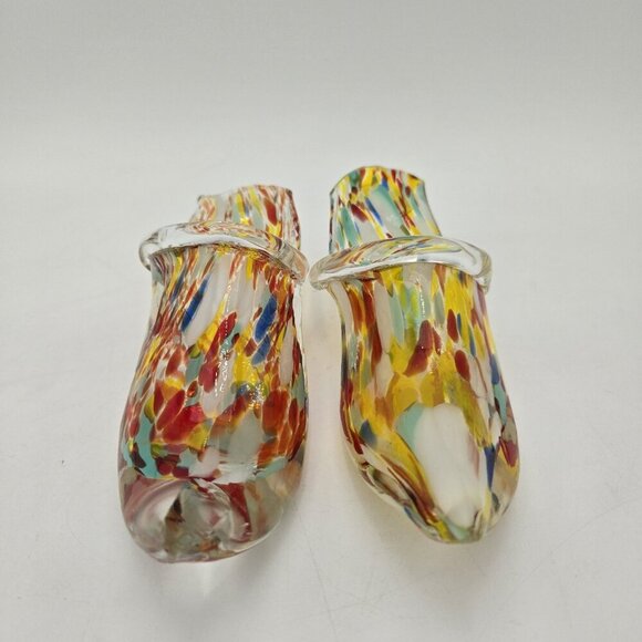 Pair Of Vintage Murano Style Italian Art Glass Slipper Heel Shoe Multicolor Chip - Picture 6 of 14